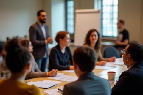 Attendees participating in a public speaking workshop